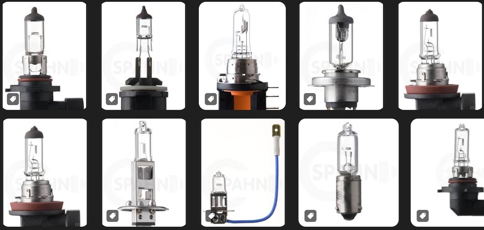 Eine Auswahl hochwertiger Halogenlampen von Spahn Germany, speziell für Fahrzeuge entwickelt. Die Lampen sind in einem modernen und übersichtlichen Layout präsentiert, mit Fokus auf Leistung und Langlebigkeit.