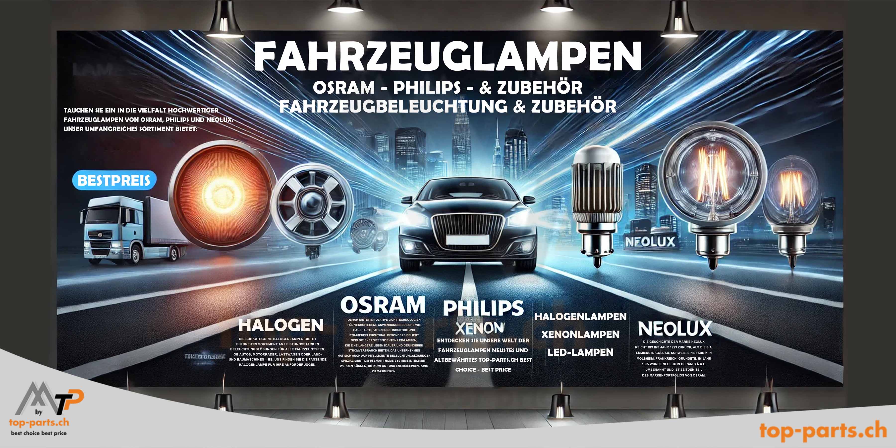 Banner zeigt Fahrzeuglampen von Osram, Philips und Neolux, inklusive Halogen-, Xenon- und LED-Lampen