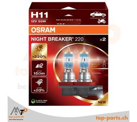 Osram H11 NIGHT BREAKER 220 +220% Halogenlampen 12V 55W im Doppelpack mit Verpackung, PGJ19-2 Sockel, 3700K weißes Licht