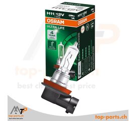 Osram H11 ULTRA LIFE Halogenlampe 12V 55W mit Verpackung, PGJ19-2 Sockel, 3200K warmweißes Licht