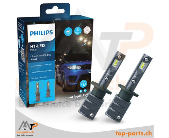 Philips H1 LED Ultinon Pro6000 Boost 5800K +300% – leistungsstarke LED-Scheinwerferlampe, ultrahell und straßenzugelassen.