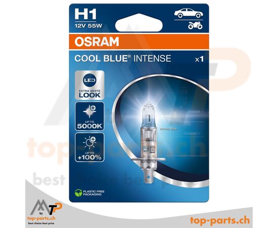OSRAM H1 Cool Blue Intense Halogenlampe, 12V, 55W, P14.5d-Sockel, 5000K – modernes, stilvolles Licht für Klarglasscheinwerfer. Blisterverpackung
