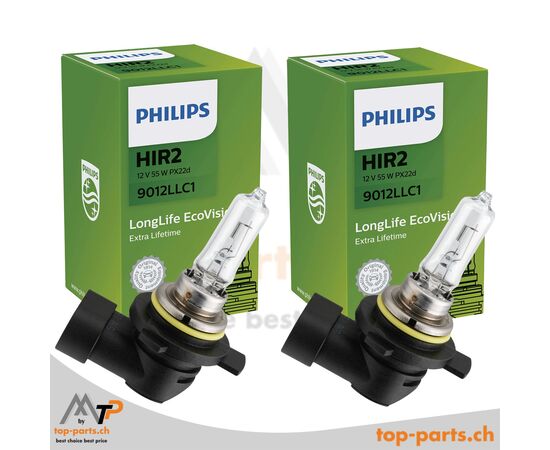 Zwei Philips HIR2 LongLife Halogenlampen 9012LLC1, 55W, 12V, PX22d, in Verpackung