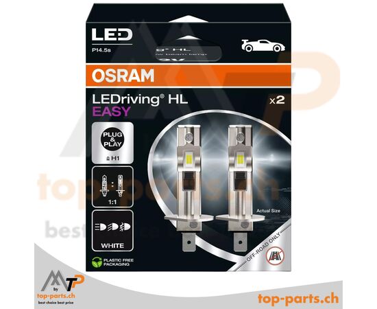 OSRAM H1 LEDriving EASY, 12V, 9W, 6500K LED-Lampe – ultrakompakte Fahrzeugbeleuchtung mit Plug-&-Play-System, 2er Set mit Verpackung