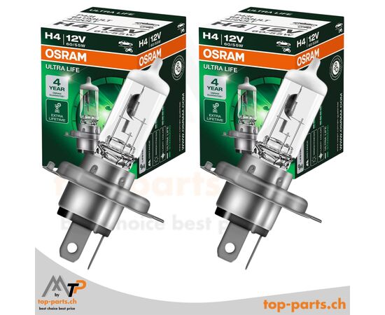 Osram H4 Ultra Life Halogenlampen 12V 60/55W, 2er Set, mit Verpackung, P43t Sockel, 3200K