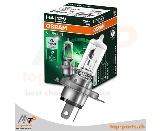 Osram H4 Ultra Life Halogenlampe 12V 60/55W, mit Verpackung, P43t Sockel, 3200K