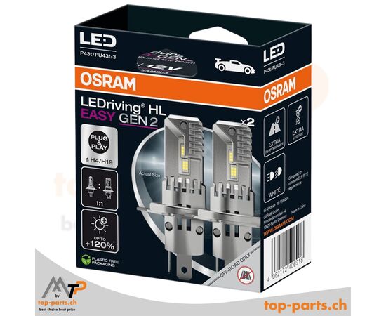 OSRAM H4/H19 LEDriving® HL EASY Gen2 6500K +120% – 2 LED-Lampen mit P43t/PU43t-3-Sockel und Verpackung, modernes Weißlicht, 2er Set