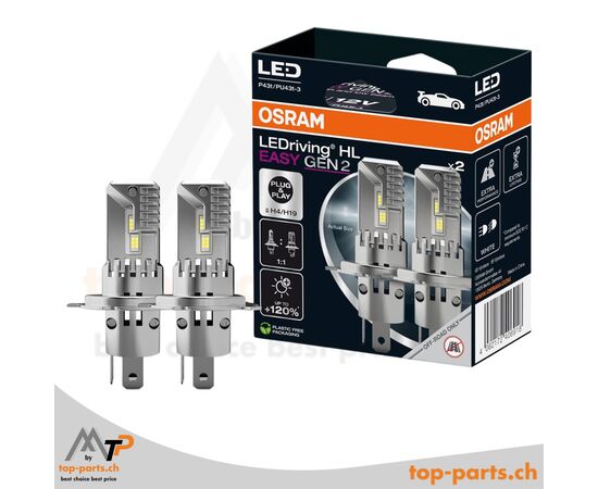OSRAM H4/H19 LEDriving® HL EASY Gen2 6500K +120% – 2 LED-Lampen mit P43t/PU43t-3-Sockel, Verpackung und modernem LED-Design