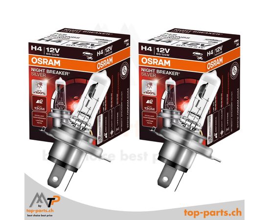 OSRAM H4 NIGHT BREAKER SILVER +100% im Doppelpack mit Verpackung, Halogenlampen, 12V 60/55W, P43t, 3200K