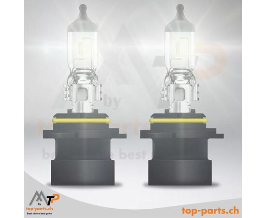 Eingeschaltete Osram HB4A Original 9006XS Halogenlampen, ohne Verpackung, 12V 51W, P22d Sockel, 3200K warmweißes Licht