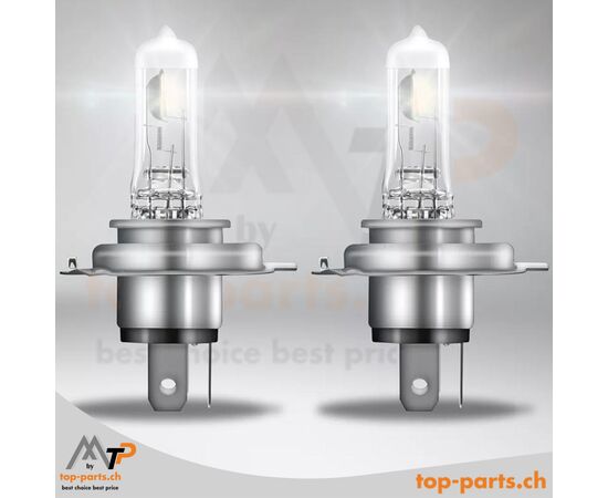 Eingeschaltete OSRAM H4 NIGHT BREAKER SILVER +100% Halogenlampen, ohne Verpackung, 12V 60/55W, P43t, 3200K warmweißes Licht