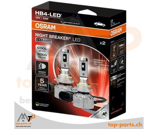 Osram HB4 NIGHT BREAKER LED SMART 6000K, LED-Lampen 12V 10W im Doppelpack mit Verpackung, P22d Sockel, modernes weißes Licht