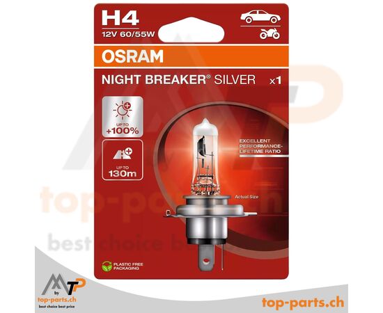 OSRAM H4 NIGHT BREAKER SILVER +100% Halogenlampe 12V 60/55W mit Verpackung, P43t, 3200K