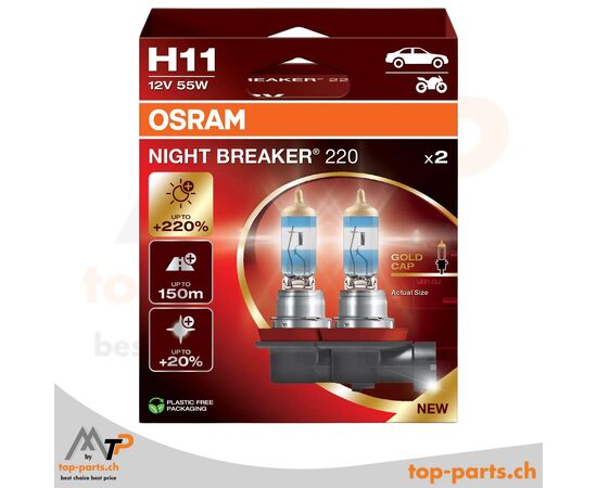 Osram H11 NIGHT BREAKER 220 +220% Halogenlampen 12V 55W im Doppelpack mit Verpackung, PGJ19-2 Sockel, 3700K weißes Licht
