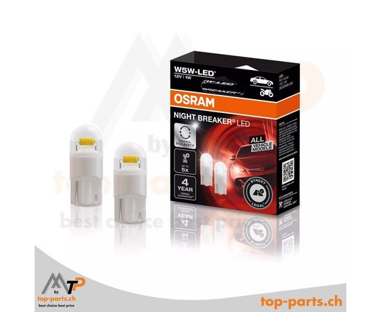 Eingeschaltete Osram W5W NIGHT BREAKER Gen2 5700K LED-Lampe, ohne Verpackung, 12V 1W, W2.1x9.5d Sockel, extra weißes Licht