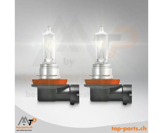 Eingeschaltete Osram H11 ULTRA LIFE Halogenlampen, ohne Verpackung, 12V 55W, PGJ19-2 Sockel, 3200K warmweißes Licht