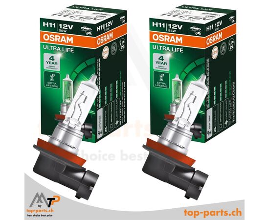 Osram H11 ULTRA LIFE Halogenlampen ohne Verpackung, 12V 55W, PGJ19-2 Sockel, langlebige 3200K warmweiße Beleuchtung