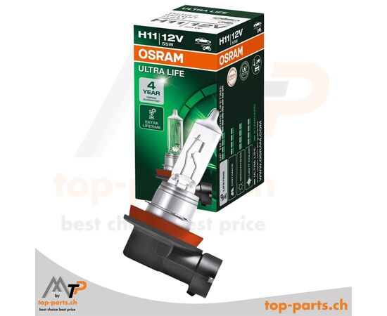 Osram H11 ULTRA LIFE Halogenlampe 12V 55W mit Verpackung, PGJ19-2 Sockel, 3200K warmweißes Licht
