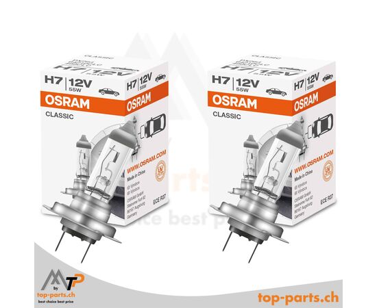 Osram H7 Classic 64210CLC Halogenlampen 12V 55W im Doppelpack mit Verpackung, PX26d Sockel, 3200K warmweißes Licht