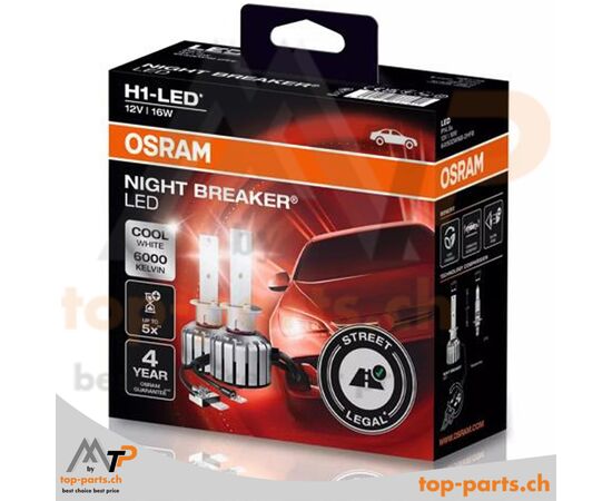 OSRAM H1 NIGHT BREAKER LED, 12V, 16W, 6000K, P14.5s-Sockel – straßenzugelassene LED-Lampe mit +230% Helligkeit und reduziertem Energieverbrauch.