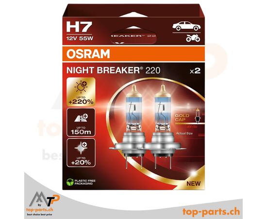 Osram H7 NIGHT BREAKER 220 +220% Halogenlampen 12V 55W im Doppelpack mit Verpackung, PX26d Sockel, 3700K weißes Licht