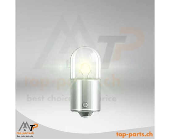 Eingeschaltete Osram R10W Ultra Life Kugellampe, ohne Verpackung, 12V 10W, BA15s Sockel, langlebiges und helles Licht