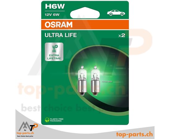 Osram H6W Ultra Life Signallampen 12V 6W im Doppelpack mit Verpackung, BAX9s Sockel, langlebige Beleuchtung für Fahrzeuge
