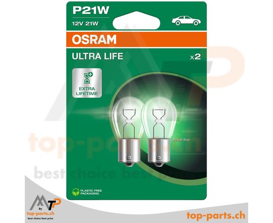 Osram P21W Ultra Life Kugellampen 12V 21W im Doppelpack mit Verpackung, BA15s Sockel, langlebige Beleuchtung für Blinker und Signalleuchten