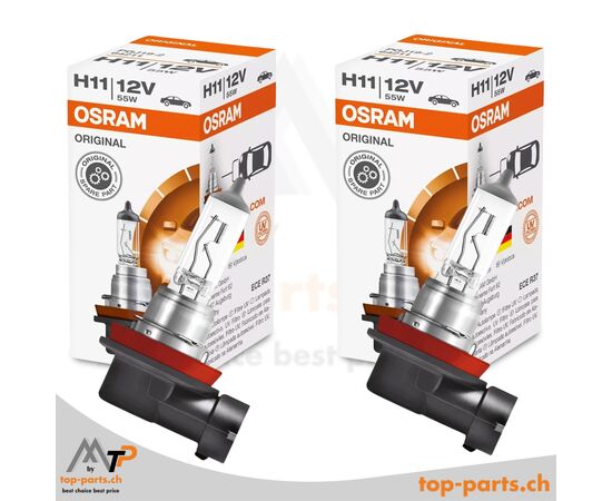 Osram H11 Original Halogenlampen 12V 55W PGJ19-2 im Doppelpack mit Verpackung, zuverlässige Fahrzeugbeleuchtung, 3200K warmweißes Licht