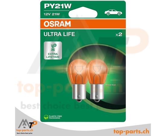Osram PY21W Ultra Life Kugellampen 12V 21W im Doppelpack mit Verpackung, BAU15s Sockel, langlebige gelbe Beleuchtung für Blinker und Signalleuchten