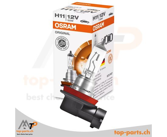 Osram H11 Original Halogenlampe 12V 55W PGJ19-2 mit Verpackung, langlebige Beleuchtung für Fahrzeuge, 3200K warmweißes Licht
