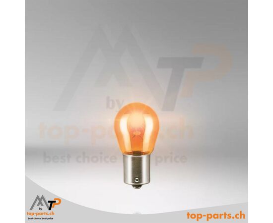 Eingeschaltete Osram PY21W Ultra Life Kugellampe, ohne Verpackung, 12V 21W, BAU15s Sockel, helles und langlebiges gelbes Licht