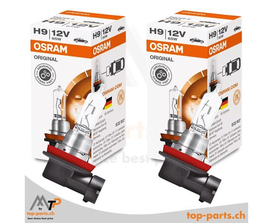 Osram H9 Original Halogenlampen 12V 65W PGJ19-5 im Doppelpack mit Verpackung, zuverlässige Fahrzeugbeleuchtung, 3200K warmweißes Licht