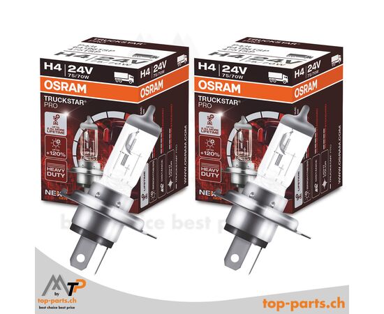 Osram H4 TRUCKSTAR PRO NEXT GEN Halogenlampen im Doppelpack mit Verpackung, 24V 75/70W, P43t, +120% Helligkeit