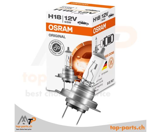 Osram H18 Original Halogenlampe 12V 65W PY26d-1 mit Verpackung, langlebige Beleuchtung für Fernscheinwerfer, 3200K warmweißes Licht