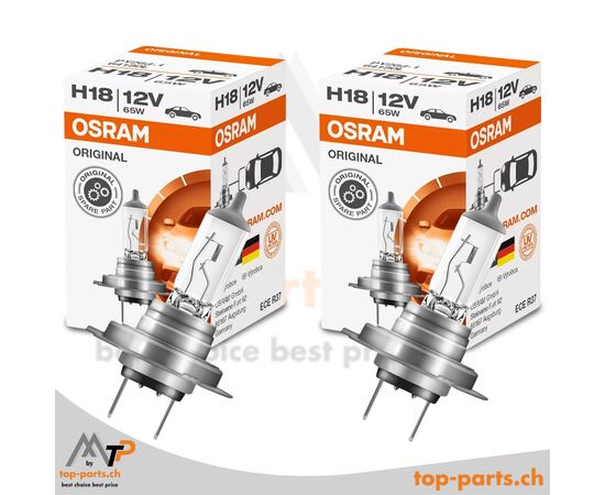 Osram H18 Original Halogenlampen 12V 65W PY26d-1 im Doppelpack mit Verpackung, zuverlässige Fahrzeugbeleuchtung, 3200K warmweißes Licht
