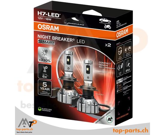 Osram Night Breaker H7 LED SMART +330% LED-Lampen 12V 16W im Doppelpack mit Verpackung, PX26d Sockel, 6000K cooles weißes Licht