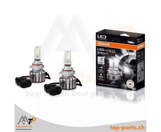 Zwei ausgepackte Osram mit Verpackung im Hintergrund HIR1/HB3/H10 LEDriving HL BRIGHT 9005DWBRT-2HFB, 19W, 6000K