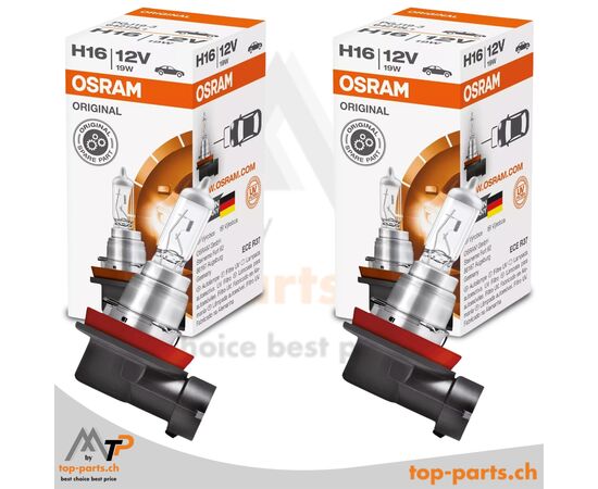 Osram H16 Original Halogenlampen 12V 19W PGJ19-3 im Doppelpack mit Verpackung, zuverlässige und leistungsstarke Fahrzeugbeleuchtung, 3200K warmweißes Licht