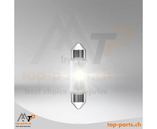 Eingeschaltete Osram C5W Original Soffittenlampe 12V 5W SV8,5-8 ohne Verpackung, helles Licht für Kennzeichenbeleuchtung